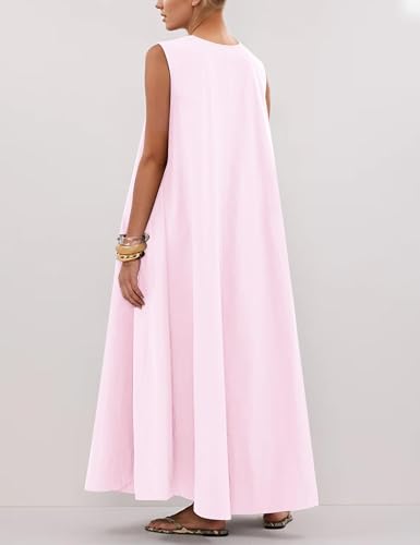 Image of Women Flowy Maxi Dress Ruched Sleeveless Long Dress Vacation Fashion Summer Casual Loose Fit Sundress with Pockets