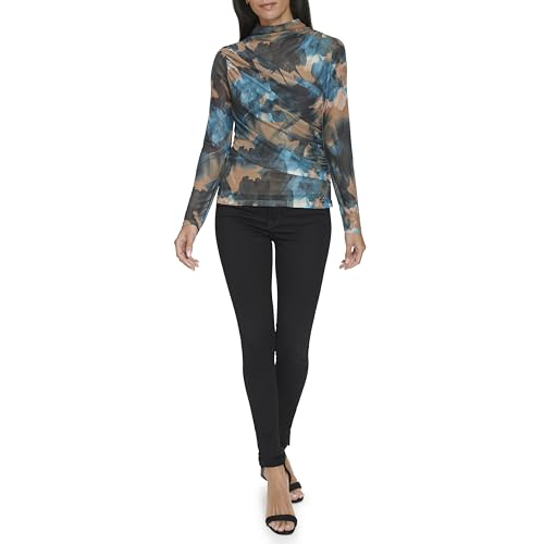 Calvin Klein Women's Mock Neck Long Sleeve Top Shirt, Cypress Multi, S