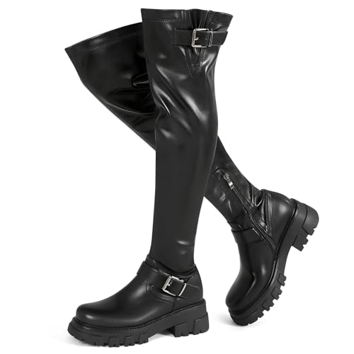 Image of CouieCuies Black Thigh High Boots For Women Platform Over The Knee High Boots Lug Sole Comfortable Stretch Boots 6-11