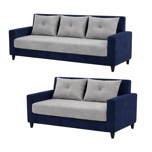 Image of Ultimate Comfort 3+2 Wooden Sofa Set | Premium Velvet Fabric | Modern 5-Seater Sofa | Durable & Stylish Living Room Furniture(Grey & Blue)
