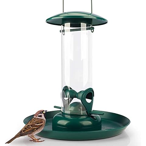 Comedero para pájaros de Grano con 2 Zonas de Acceso y Columna de alimentación, Color Verde Cover