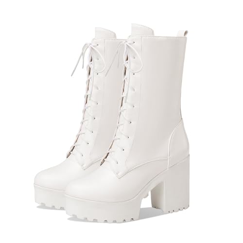 Image of FOREADA Goth Platform Heel Combat Boots Women Pearl Lace Victorian Booties