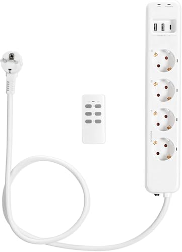 Navaris Funk Steckdosenleiste 4-fach einzeln schaltbar - mit 3x USB Buchsen - Funksteckdosenleiste mit Fernbedienung - Mehrfachsteckdose Weiß
