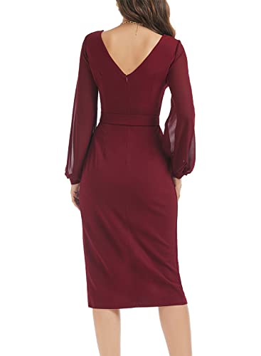 HELYO Women's Elegant V-Back Chiffon Long Sleeve Sheath Dresses Belted Ruched Casual Work Cocktail Party Midi Dress2