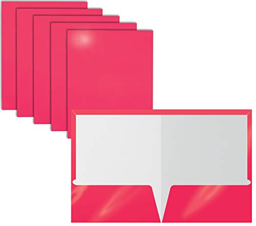 Image of Better Office Products 2 Pocket Glossy Laminated HOT Pink Paper Folders, Letter Size, 25 Pack, Hot Pink Paper Portfolios Box of 25 Hot Pink Folders