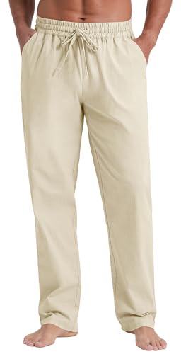 NITAGUT Mens Linen Pants Casual Elastic Waist Drawstring Lightweight Summer Beach Trousers