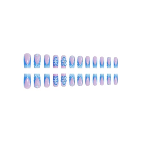 Image of 48 Pcs Blue French Tip Press on Toenails 3D Flower Press on Nails Square Fake Nails with Design Ombre Glue on Toe Nails Set for Women Glossy Artificial Acrylic Full Cover Manciure