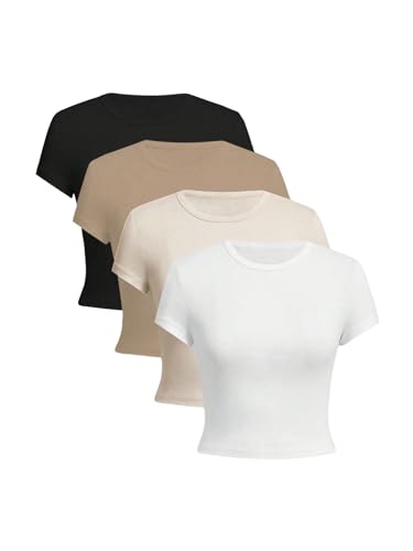 Image of OYOANGLE Girl's 4Pcs Crop Tops Short Sleeve Crew Neck T Shirt Summer Cropped Top Casual Basic Tee Top