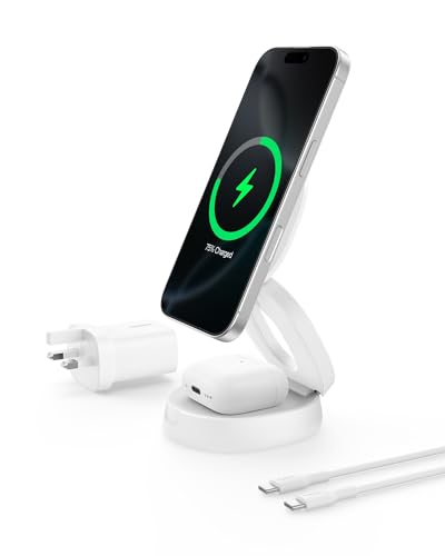 Belkin 2-in-1 Convertible Wireless Charging Station, Wireless Portable Charger 15W, MagSafe-Compatible Qi2 Charger for iPhone 17, Air, AirPods with Weighted Non-Slip Base, 30W Charger Included - White