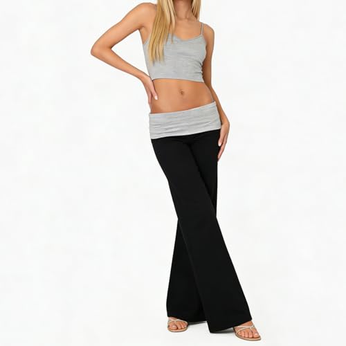 Image of Lounge Yoga Pants for Women Fold Over Low Waist Wide Leg Bell Bottoms | Y2K Foldover Pants, Flare Leggings, Low Rise Yoga Sweatpants
