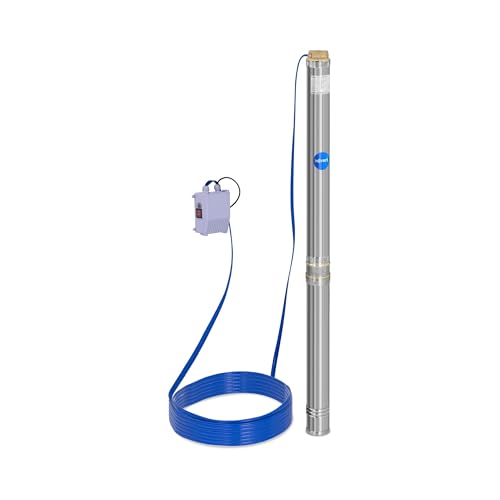 Hillvert Brunnenpumpe 230 V 10800 L/h 2200 W Edelstahl Fördertiefe: 96 m mit Rückschlagventil, 20 m Kabel und Schaltkasten mit Überstromschutzschalter Tiefbrunnenpumpe Tauchpumpe Rohrpumpe