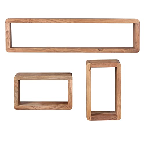 möbelando Design Wandregal 3er Set BOHA Massiv Holzregale Akazie Landhausstil | Rustikales Wandregal-Set Holz | Hängeregal Viereckig Echtholz | Wand-Regale | Hängend Würfel | Regal Wandkästen Eckig