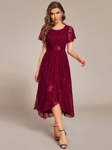 Image of Ever-Pretty Women's Lace Short Sleeve Round Neck Empire Waist Midi High Low Evening Gown 03489