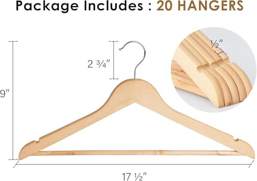 Image of Wooden Hangers for Clothes Hanging - Premium Solid Wood Wardrobe Hangers for Shirts, Suits, Sarees, Pants, Dresses, Jackets & Coats - Durable Closet Hanger (Natural, Pack of 8)