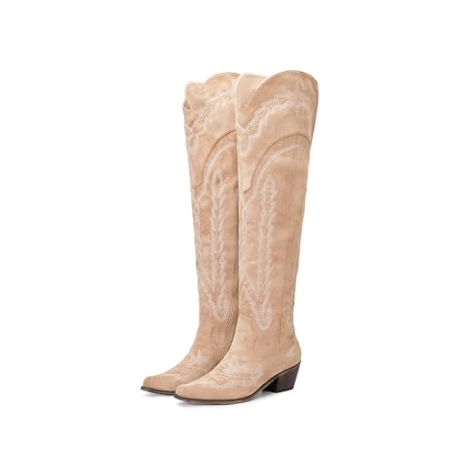 Image of olomisa Over the Knee Cowboy Boots for Women Embroidery Cowgirl Boots Chunky Heel Side Zipper Boots Thigh High Western Boots