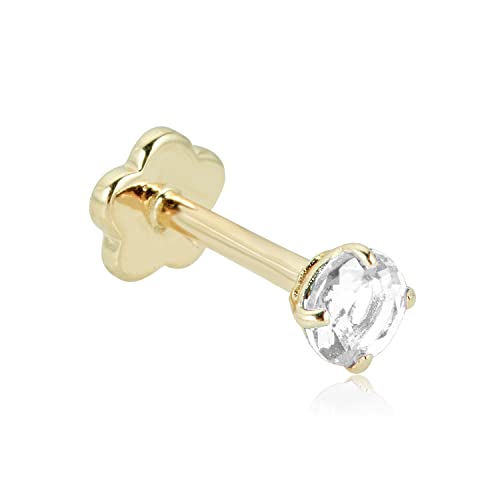 Image of AVORA 14K Yellow /White Gold 3mm Round Simulated Diamond (0.1 carat) Cartilage Piercing Flat Back Earring Body Jewelry (18 Gauge) - Emerald, Ruby, Amethyst, Sapphire, Sim. Diamond