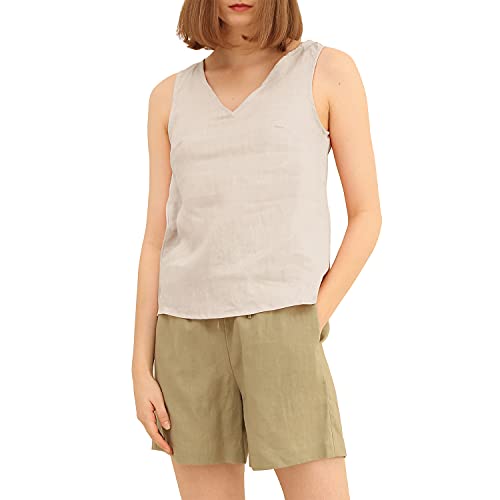 Amazhiyu Natural Linen Sleeveless V Neck Tank Tops Basic Summer Blouse (124# Aprioct, Small)