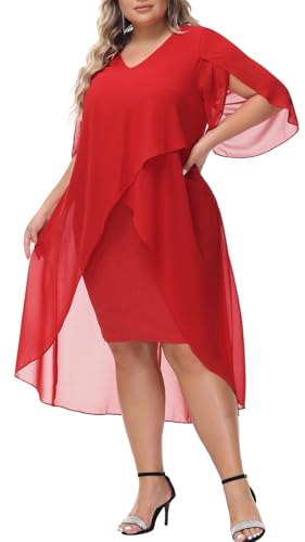 Image of Hanna Nikole Womens Plus Size Chiffon Cocktail Dress Ruffle 3 /4 Sleeve Wedding Guest Party Dresses with High Low Hem