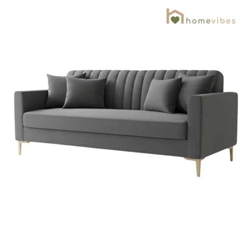 Image of 3 Seater Velum Fabric Sofa Set for Living Room, Modern Design with High Density Foam, Solid Wood Frame, Ergonomic Comfortable Seating for Home & Office (Dark Grey, 3 Seater) | Soft foam comfort