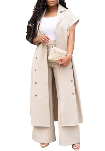 Ecirod Womens Business Casual 2 Piece Outfits Short Sleeve Pleated Long Trench Coat High Waisted Wide Leg Pants Sets