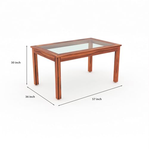 Image of Solid Sheesham Wood Dining Glass Top Table Set of 6| Wooden 6 Seater Dining Table with 6 Chairs with Cushion|Wood Dining Table & Chairs for Home, Restaurant, Dining Room |Honey Finish