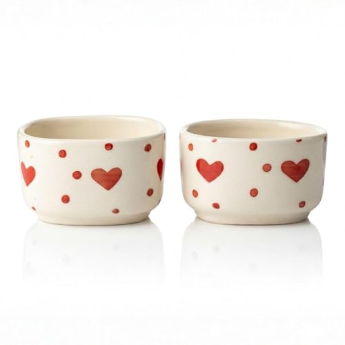 Image of Ceramic Dip Bowls with Heart Shape Design, White and Red, Set of 2, Microwave Safe, 40 ml