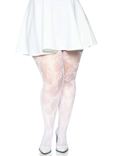 Leg Avenue Womens Plus Size Fishnets Stretchy Net Patterned Tights for Women with Designs White Butterfly 1X-2X