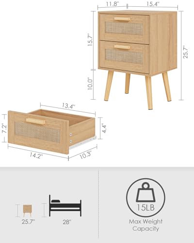 Image of Masupu Rattan Night Stand,Modern nightstand Boho Bedside Table with 2 Drawer,Small End Side Table for Bedroom,Living Room,Office,Natural