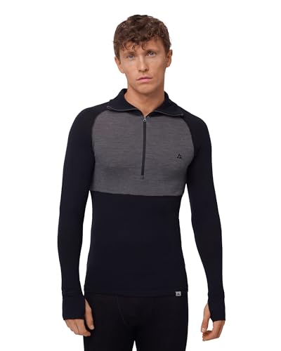 DANISH ENDURANCE Camiseta Térmica Manga Larga para Hombre, Capa Base Lana Merino, Con o Sin Cremallera, Negro/Gris Oscuro, L