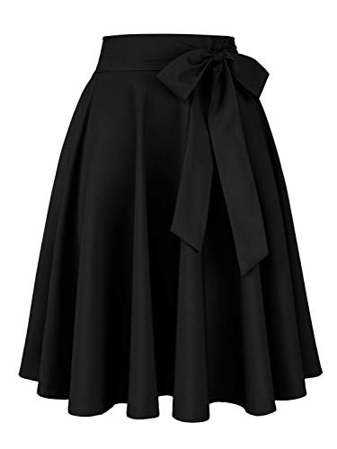 Women's Casaul High Waist Split Bow-Knot Tie-Waist Midi Skirt-Black M #TOP20