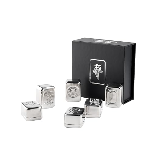 Mahjong Whisky Chilling Stones – Stainless Steel Ice Cubes (Set of 6) | Premium Gift for Whiskey, Bourbon, Scotch Lovers | Father's Day, Chinese New Year, Novelty Bar Accessory