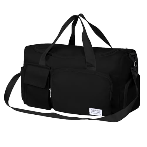 Black weekender bag with multiple compartments, ideal for gym, travel, and waterproof gear storage.