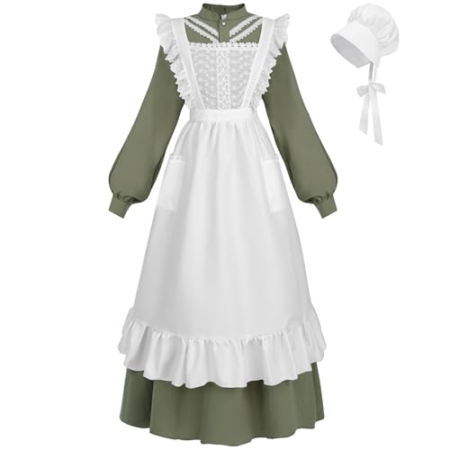 FCCAM Pioneer Colonial Costume for Women Floral Prairie Dress American Historical Modest Civil War Dress Green S