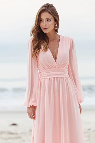 Women's Chiffon Bridesmaid Dresses with Slit V-Neck Prom Dress with Long Sleeves Formal Evening Party Gowns4