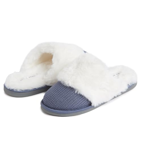 Laura Ashley Womens Plush Memory Foam Wide Collar Fleece Spa Scuff Slippers, Fuzzy Warm Faux Fur Slip On House Shoes Slipper2