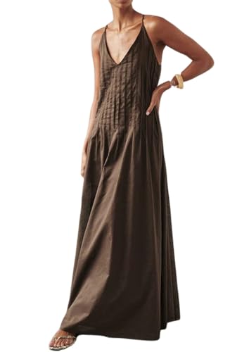 Summer Spaghetti Strap Tuck Maxi Dresses for Women 2025 Vacation V Neck Sleeveless Beach Long Boho Sundress