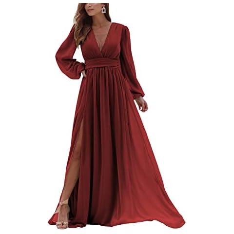 Yidieman Women's V Neck Long Sleeve Chiffon Empire Waist Bridesmaid Dresses Prom Dress Formal Evening Gown with Slit Cover