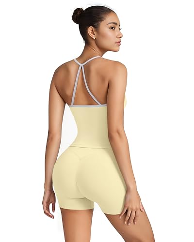 Image of SUUKSESS Women 2 Piece Workout Sets High Waisted Tummy Control Biker Shorts Halter Padded Tank Tops