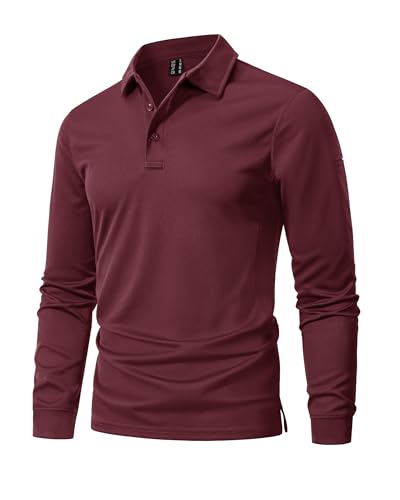 MAGNIVIT Work Shirts for Men Long Sleeve 3 Buttons Pique Polo Shirt Performance Tactical Quick Dry T-Shirts Wine Red L