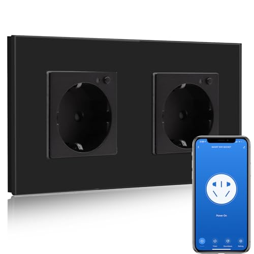 BSEED Wifi Smart Steckdose,arbeitet mit Amazon Alexa,Google Home,Timing-Funktion und APP-Steuerung,2 Fach Schuko Steckdose Schwarz,Unterputz Glas Intelligente Wandsteckdose-auf NUR 2.4 GHz Netzwerk