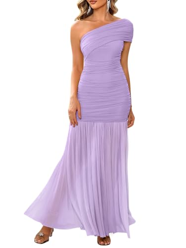 LAGSHIAN Women's Elegant Formal Long Dress One Shoulder Sleeveless Ruched Bodycon Evening Dress...