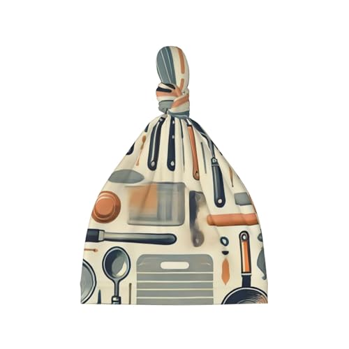 Newborn Baby Hat, Kitchen Tools Print Soft Top Knot Beanie Cap, Cute Baby Headwear for 0-6 Months Black