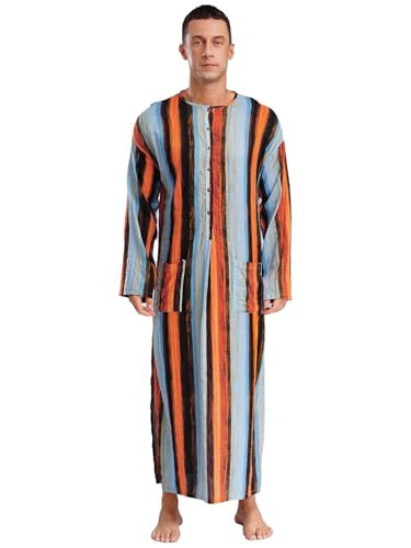 Jhaoyu Muslim Clothing for Men Striped Long Gown Long Sleeves Button-up Nightshirt Abayas with Pockets