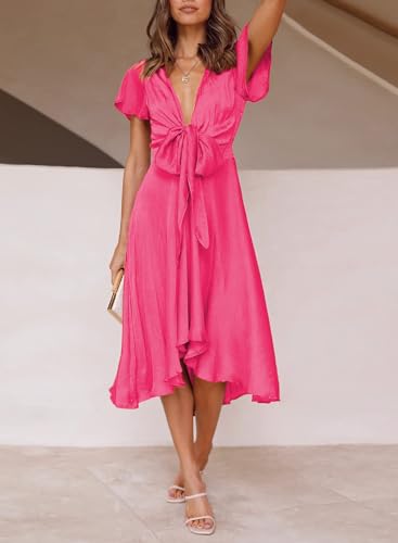 Image of miduo Womens Satin V Neck Ruffle Short Sleeve Tie Front High Waist Midi A-Line Maxi Dresses