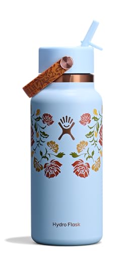 Image of Hydro Flask Water Bottle - Insulated Stainless Steel - Wide Mouth Flex Straw Lid, Non Spill, Leakproof and Refillable in 32 Oz Western Light Blue
