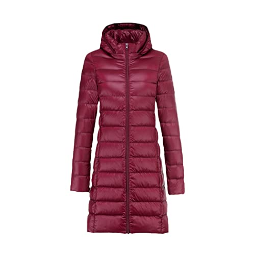 Manteau long en duvet bordeaux taille L avec capuche amovible pour femme