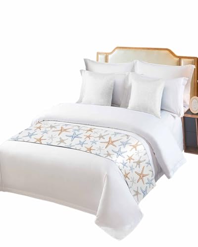 Twin Bed Runner Summer Ocean Watercolor Starfish Bedding Runner Scarves Decorative Bed Scarf, Cartoon Marine Animals Soft Bedding Scarf for Bedroom Hotel Wedding 71x20in