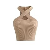 KOEMCY Crop Top Mujer, Camisola Camiseta sin Mangas Mujer Verano Sexy Calado Entrecruzado Tank Tops Elegante Corto Informal de Color Sólido Chaleco (Caqui)