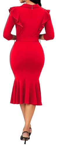 Image of Women's Vintage Pencil Dress Wear to Work | Sexy 3 /4 Sleeve V Neck Mermaid Dress for Women Business Cocktail Party Wedding