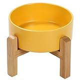 AoAkiSORA ペット用 竹製スタンド付き フードボウル 大容量 850ml ウォーター ボウル 竹製台座 取り外し可能 犬 犬猫用 シンプル 餌・水入れ 吐き戻し防止 元気になる色 黄色 (850ml イエロー)